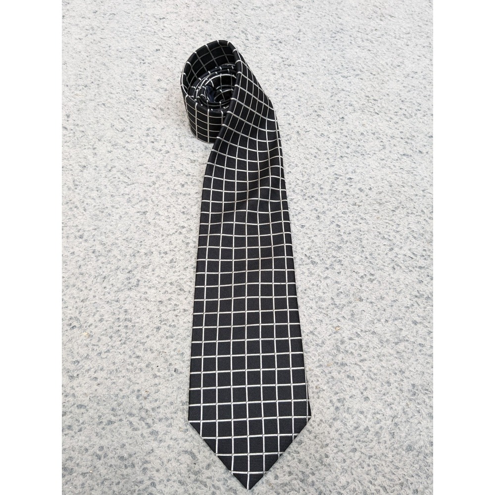 Brooks Brothers 346 Pure Silk Tie Black White Windowpane Check Geometric Grid - Picture 2 of 9